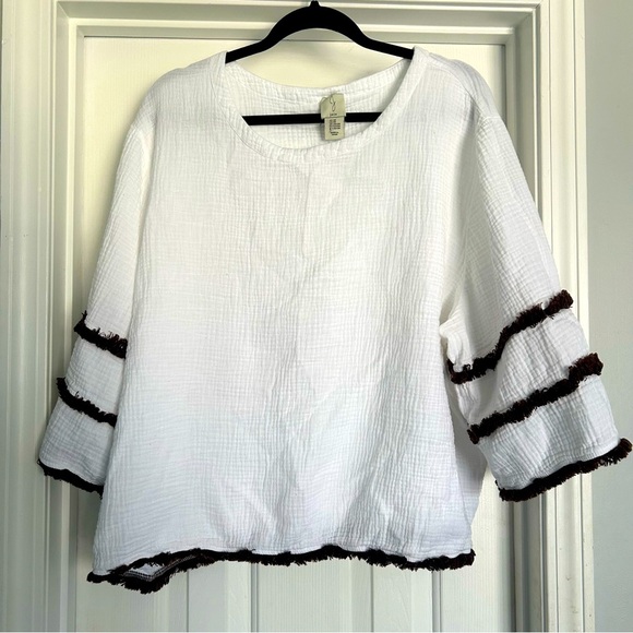 Joie Plus Size Brown Layered Tiered Fringe White Gauze Cotton Blouse Tunic Top - Picture 1 of 6